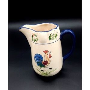 Cracker Barrel French Country Provence Rooster Beige 7" Pitcher Blue Handle